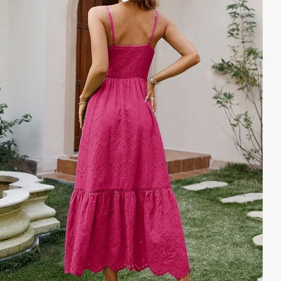 Women's Embroidery Pearl Button Down Dress V Neck Spaghetti Strap Maxi Dress - Picture 3 of 7